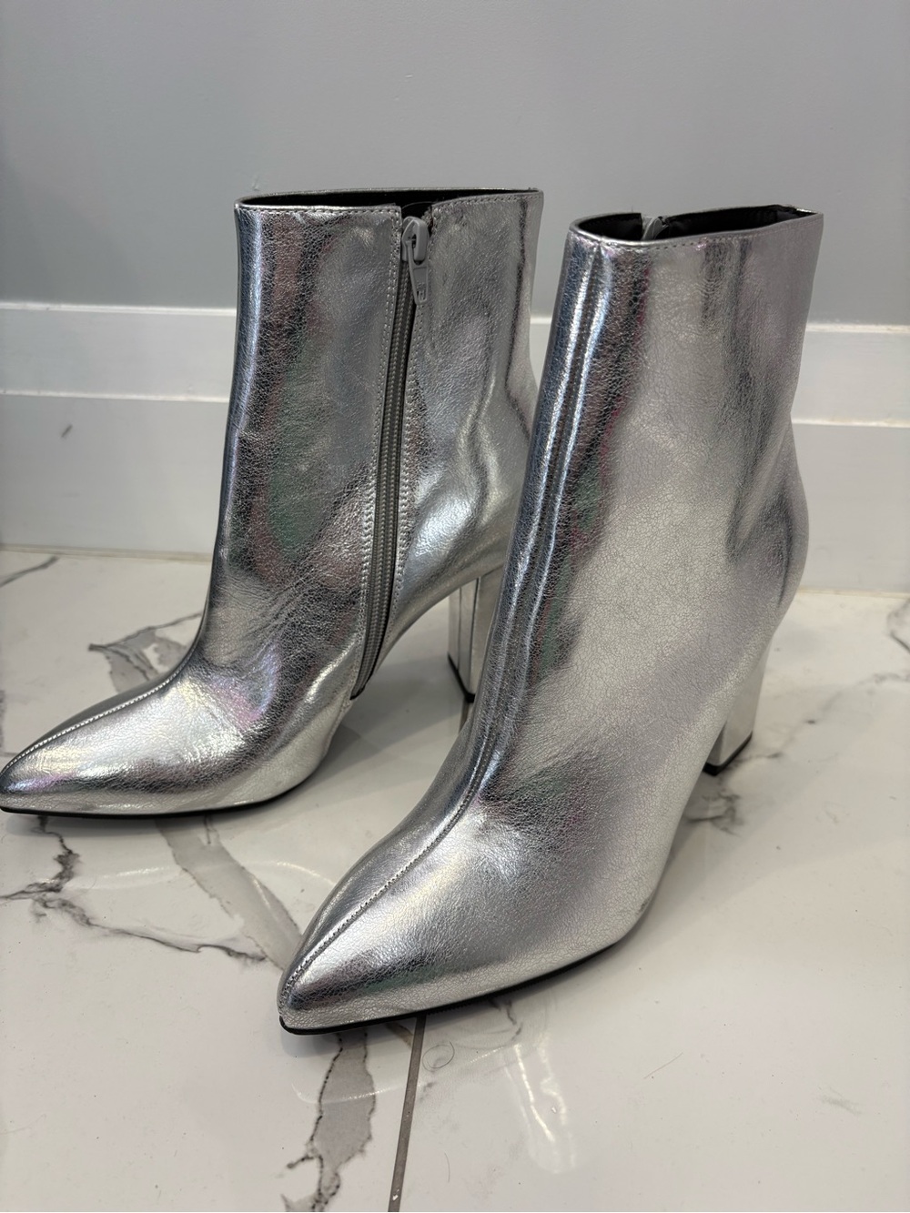 Women's Silver Metallic Pointed Toe Ankle Booties